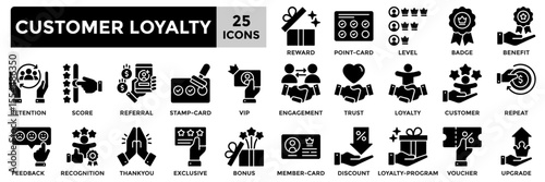 Customer loyalty icon collection set.Containing feedback, reward, Discount, bonus, voucher, benefit icon. Simple solid vector illustration.