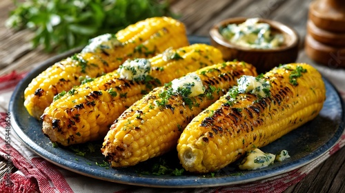 Vibrant photo of grilled corn on the cob with butter and parsley.