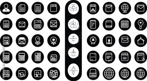 Monochrome Icon Set Business Communication and Technology Elements in Circular Design