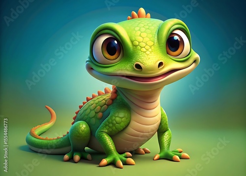 A cute cartoon lizard with big eyes and a cheerful smile is isolated on a vibrant green background