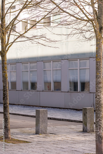 Urban minimalism in Copenhagen with pale modern building facade, trees without leaves and clean lines illuminated by diffused daylight, featuring simple geometry and contemporary city atmosphere.