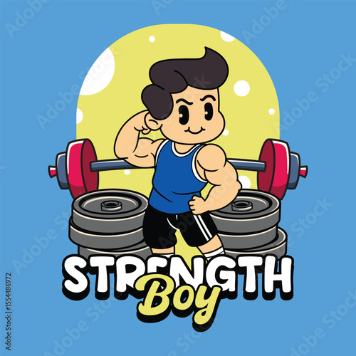 A Funny Boy athlete flexing biceps muscle for fitness in a retro cartoon character mascot illustration