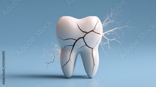 Vibrant photo of illustration of single cracked tooth on clean background. Dental care, health concept. Toothache, oral hygiene, dentist symbol. Perfect dental health.