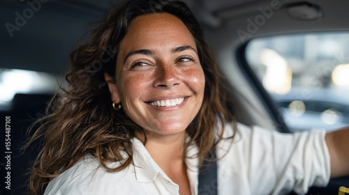 Happy woman driving car, smiling confidently in natural light, expressing joy, freedom and positivity in a candid urban setting.