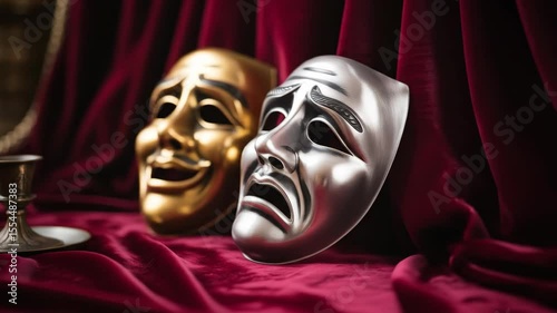 Classic theater masks on deep red velvet background displaying joy and sorrow