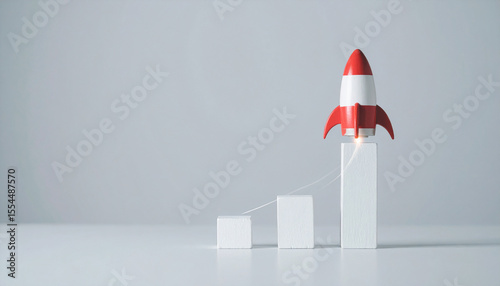 3d growing graph bar with rocket rising moving up. Start up busi
