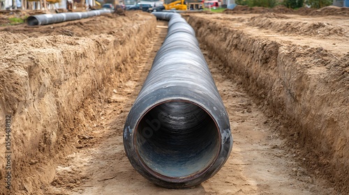 Vibrant photo of modern construction of insulated pipes laid in trench for residential heating water supply. Engineering infrastructure for urban home. Pipeline technology.