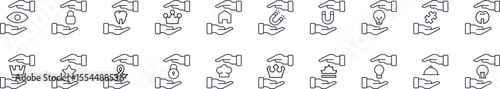 Present, Charity, Gift Related Icon Set. Contains Icons of Crown, Tooth, Magnet, Lightbulb between Hands for Graphic Design, Web Sites, Cards, Books, Articles