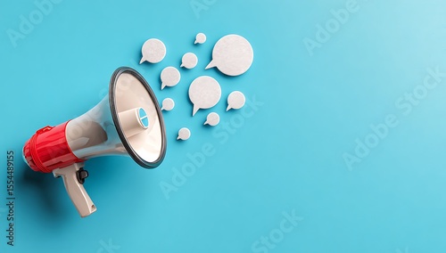Vibrant photo of photo of a megaphone with speech bubbles on a light blue background, representing the concept of marketing and advertising in social media. Web banner with.