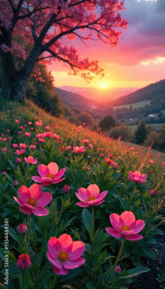 Fototapeta premium A breathtaking sunrise paints the landscape in vibrant pinks and oranges, illuminating dew-kissed flowers and lush greenery Perfect for nature, spring, and idyllic themes , colorful, orange