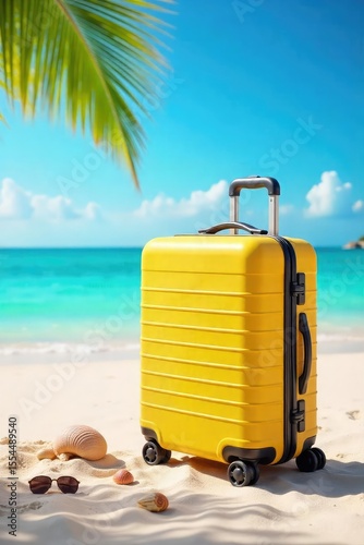 A brightly colored suitcase sits on a sunny beach, ready for adventure Seashells and sunglasses are nearby, suggesting a relaxed and carefree vacation , ocean, seashells, getaway