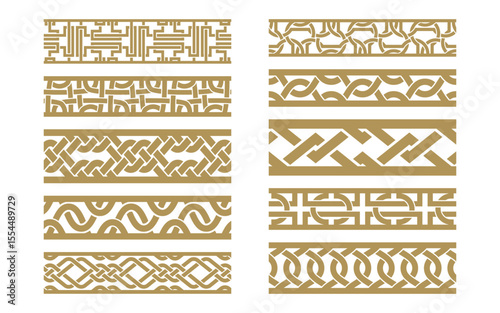 Decorative collection of abstract vector ribbons and ornamental borders. Ten seamless golden frames in artistic hand-drawn style.
