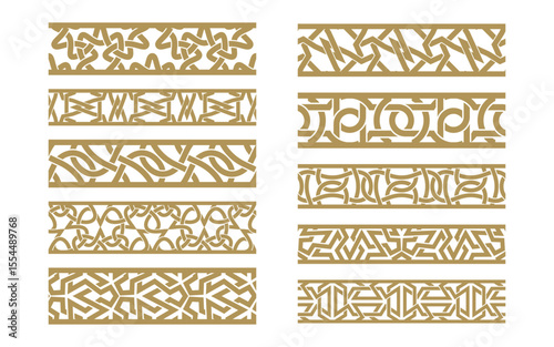Set of 10 vector ornamental borders with geometric interwoven strips. Decorative seamless frames in ethnic and abstract style. Editable strokes, isolated on white background.