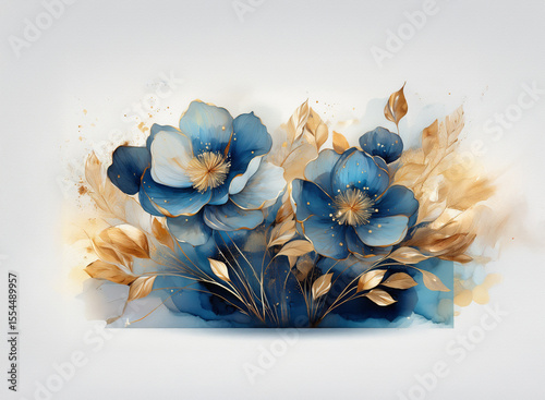 Elegant watercolor painting of blue flowers with golden leaves on a white background. Decorative floral arrangement.