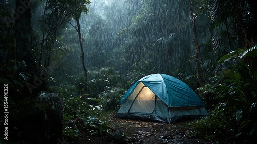 Vibrant photo of rain on the tent in the forest, tropic, quiet, calm, peaceful, meditation, camping, night, relax.