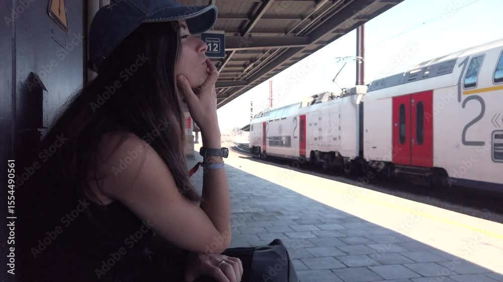 Woman waits pensively as train passes in Belgium