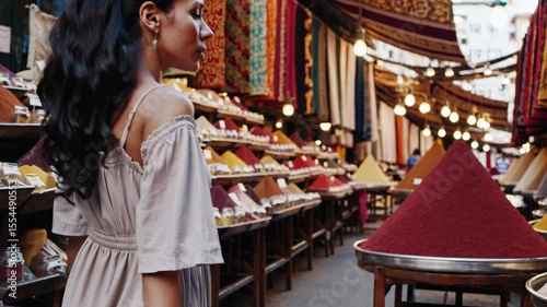 Young woman exploring Moroccan spice market in traditional medina, vibrant local souk with piles of spices, lamps, and handmade goods in North African travel destination