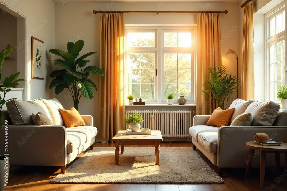 Fototapeta premium A cozy living room, sunlight streaming through a window, highlighting comfortable furniture and warm decor, perfect for senior living , comfortable, senior care