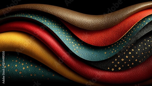Textured Leather Samples in Gold Teal Red and Brown Swirling Wave Pattern image
