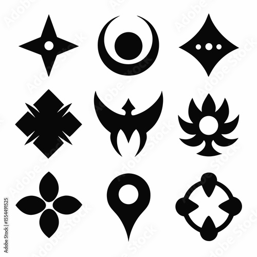 Collection of nine distinct black geometric and symbolic icons on white background