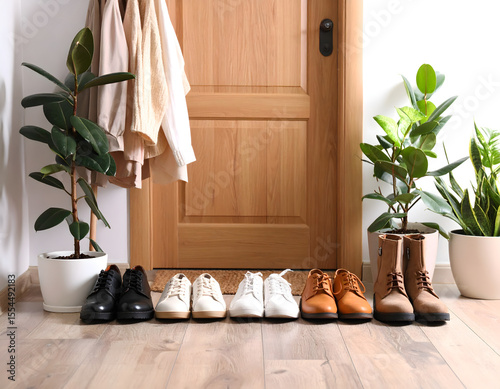 Cluttered entryway transformation through cleaning and organization with shoes lined up neatly along the door