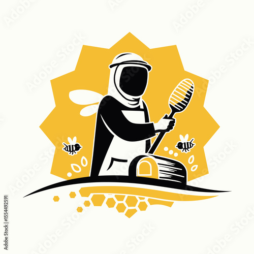 Beekeeper logo with figure holding honeycomb frame, surrounded by bees and geometric honey pattern in background