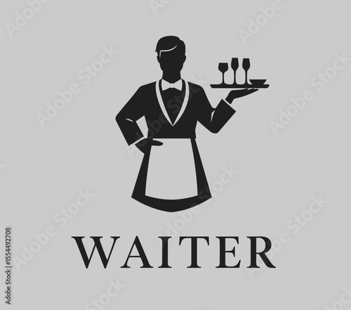 Classic waiter logo with silhouette of a server holding tray with wine glasses, wearing apron and bow tie