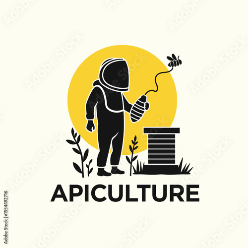 Apiculture logo with beekeeper holding a honeycomb frame near a beehive, surrounded by plants and flying bees