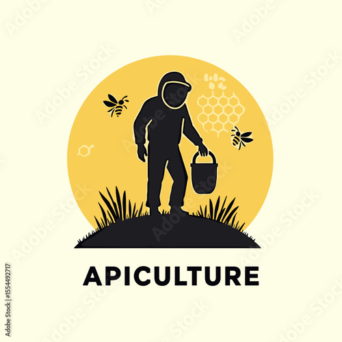Apiculture logo showing a beekeeper silhouette carrying a bucket, with flying bees and honeycomb over a yellow background