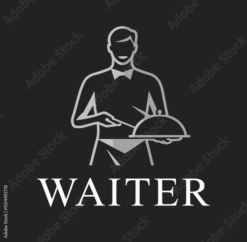 Minimal waiter logo with line art figure holding a covered dish, wearing bow tie and apron on dark background
