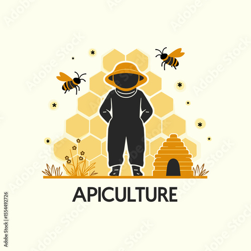 Apiculture logo with beekeeper, bees, beehive and honeycomb background, symbolizing honey farming and nature care