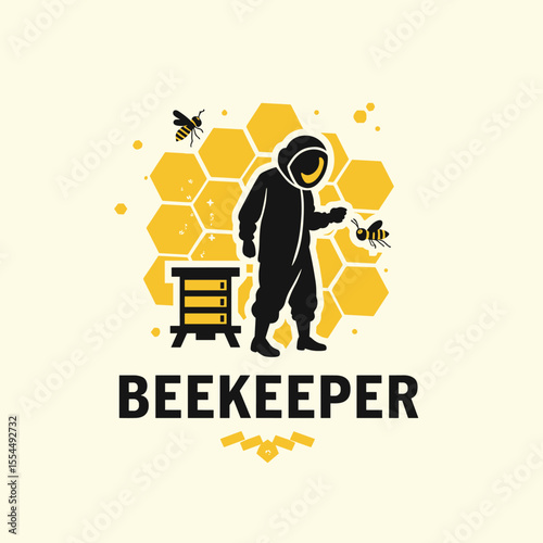 Beekeeper logo featuring suited figure with bees and vertical hive, set against a honeycomb background