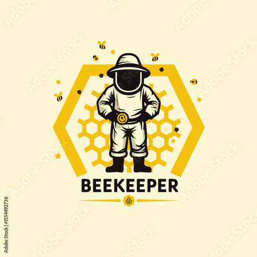 Beekeeper logo featuring a figure in a full suit and helmet, surrounded by bees and honeycomb in a hexagonal frame