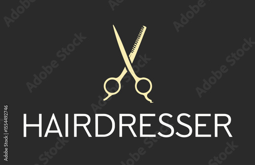 Hairdresser logo with golden scissors crossed over dark background, representing style, elegance and hair services