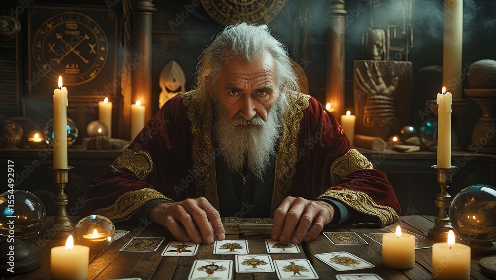 Obraz premium Foretelling the future using tarot cards, conducted by a seasoned and wise elderly individual 