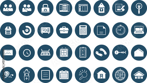 Collection of Business and Finance Icons on Dark Blue Circular Background