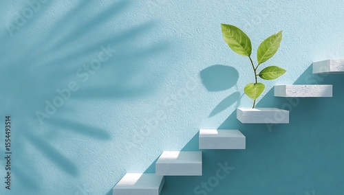Vibrant photo of white stairs on a light blue wall background with a green leaf and sun rays. Concept of success, progress, or growth in business.