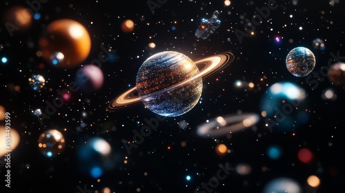 Amazing cosmic night sky with fluorescent galaxies, radiant stars, luminous moon and disco ball reflections