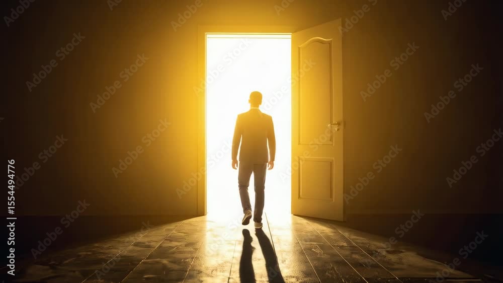 Man in suit strides toward bright light shining through an open doorway, dark interior with wooden floor and strong light, future concept
