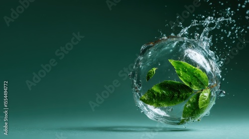 A captivating image of leaves suspended in a water sphere with splashes, symbolizing purity and the beauty of nature's life cycle in a unique and artistic way.