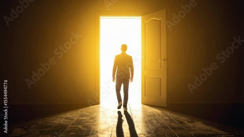 Man in suit strides toward bright light shining through an open doorway, dark interior with wooden floor and strong light, future concept