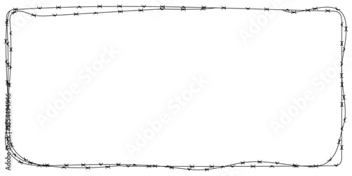 Barbed wire rectangular border frame. Black fill silhouette vector for prison, war zone, restricted area or danger concept. Sharp metal security design element.