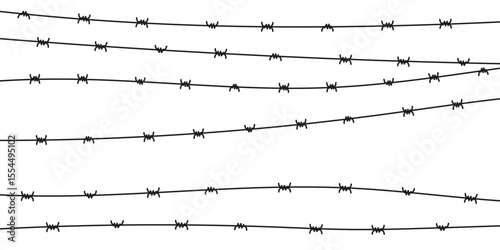Barbed wire vector fence. Metal barbwire border chain in silhouette style. Prison, war, or danger zone line element. Sharp security background design.