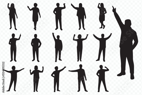 minimal black silhouettes of 16 people in dynamic gestures perfect for infographics, websites, and business materials vector