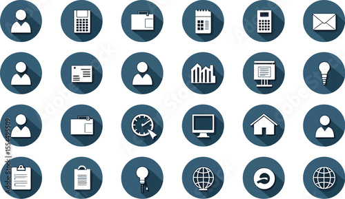 Collection of Business and Office Icons on Blue Circles with Shadows