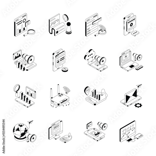 Grab modern set of isometric icons showing seo and promotion concepts