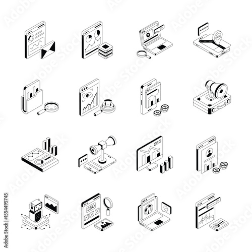 Check out premium bundle of isometric icons showing seo and advertising concepts