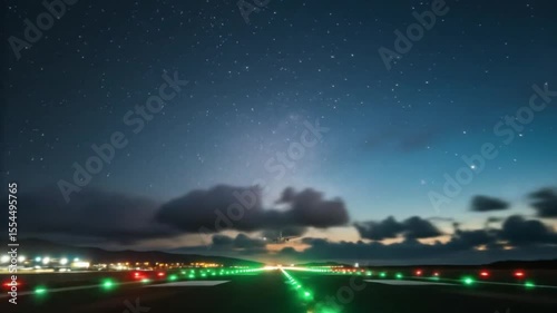 Commercial jet approaches runway for nighttime landing under a starry sky with dramatic clouds and glowing airport lights.
