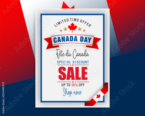 Fête du Canada=Canada Day
Holiday design, background with handwriting texts, maple leaf for Canada National day, sales and commercial events; Vector illustration.