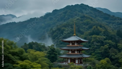 Pagoda temple with mountain background in mist. Traditional Asian architecture surrounded by green trees in mountain valley. 4k video